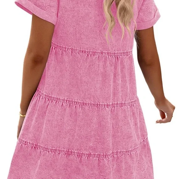 Pink Denim Button-Up Casual Dress Size L Collared Babydoll - Picture 5 of 8